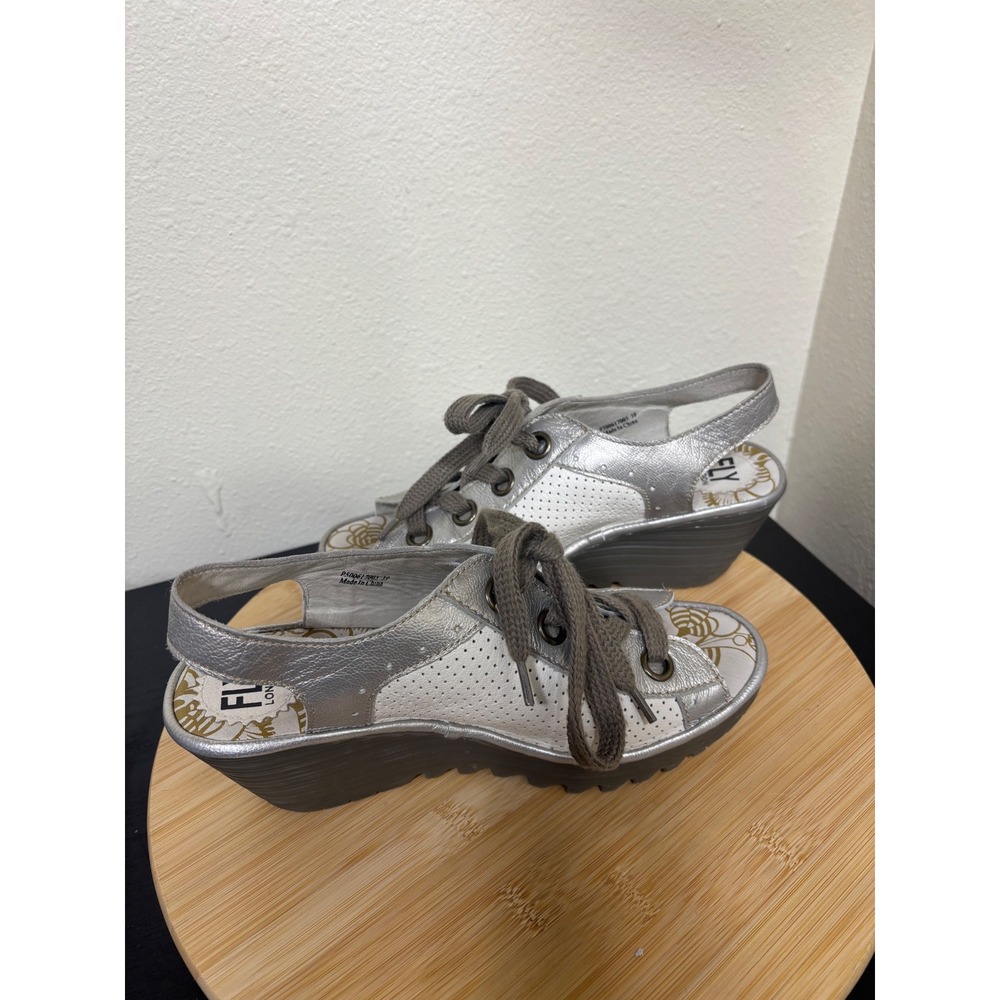Fly London Yuta Wedge Sandals 39 Silver White Leather Lace Up Platform Slingback - Picture 9 of 11